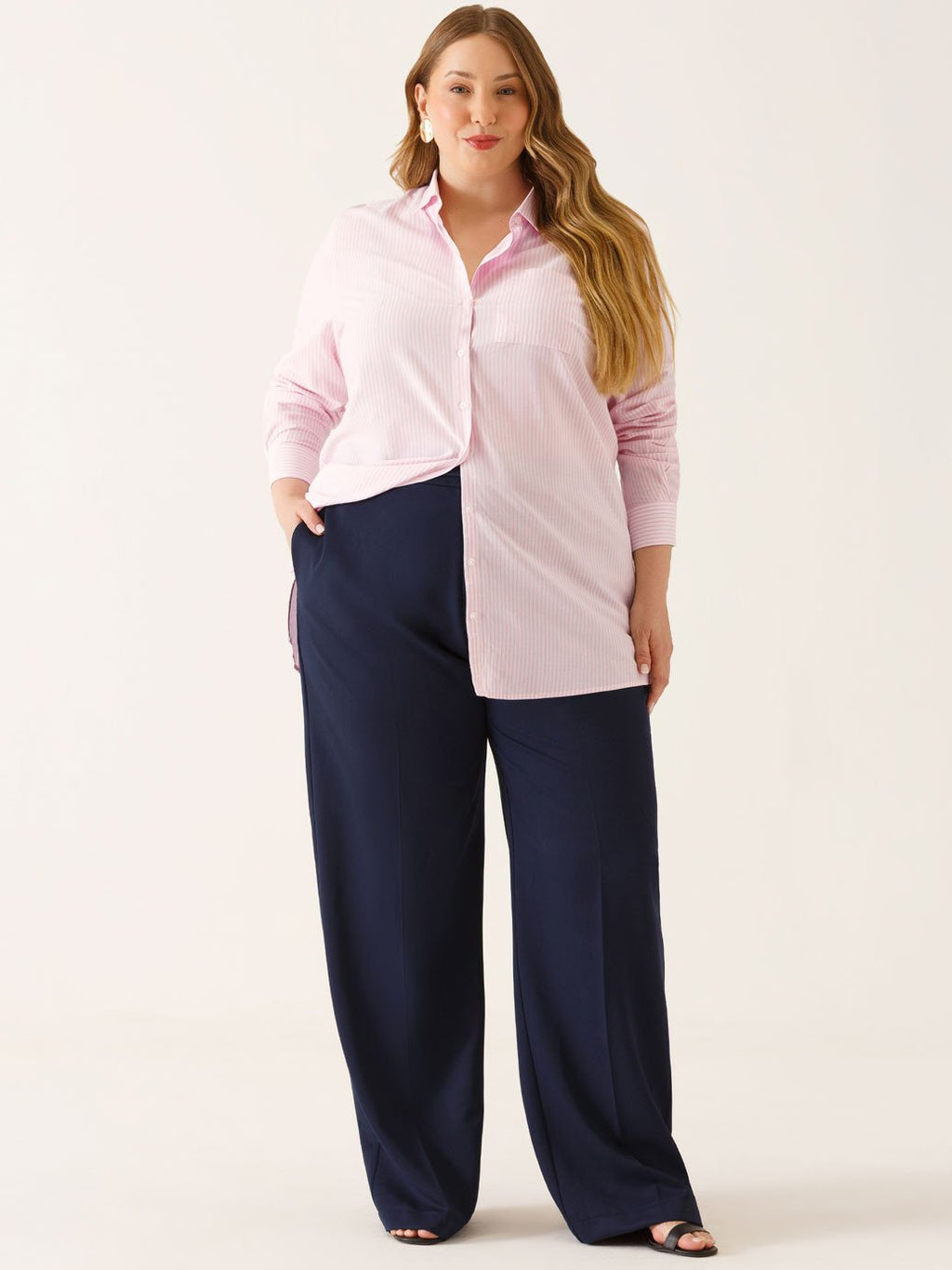 Calça Wide Leg  de Alfaiataria Plus Size Marinho Índigo Cora