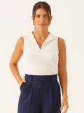 Blusa Gola Alta com Zíper em Malha Canelada Off White Veralucia