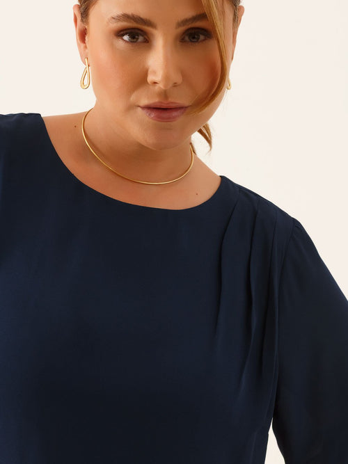 Blusa Manga Curta em Crepe Plus SIze Marinho Marta