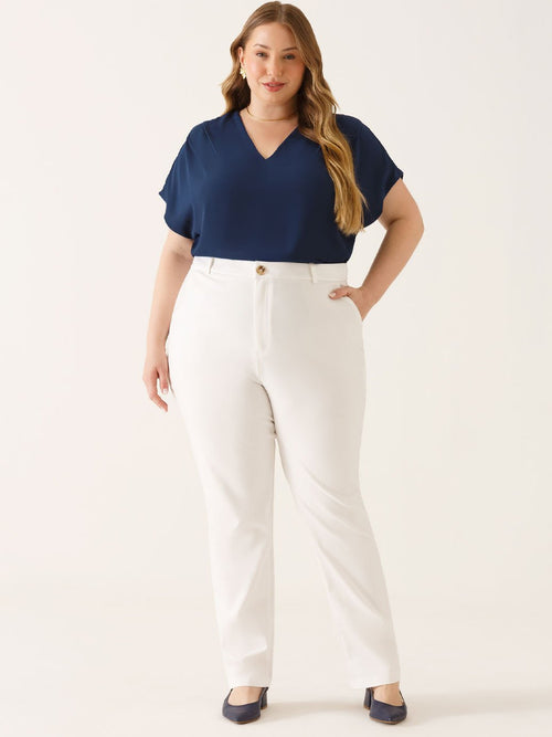 Blusa Ombros Deslocados em Crepe Plus Size Marinho Mônica
