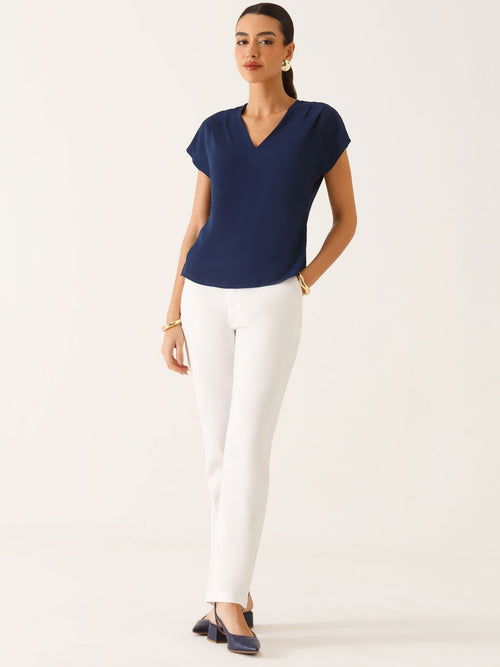 Blusa Ombros Deslocados em Crepe Marinho Mônica