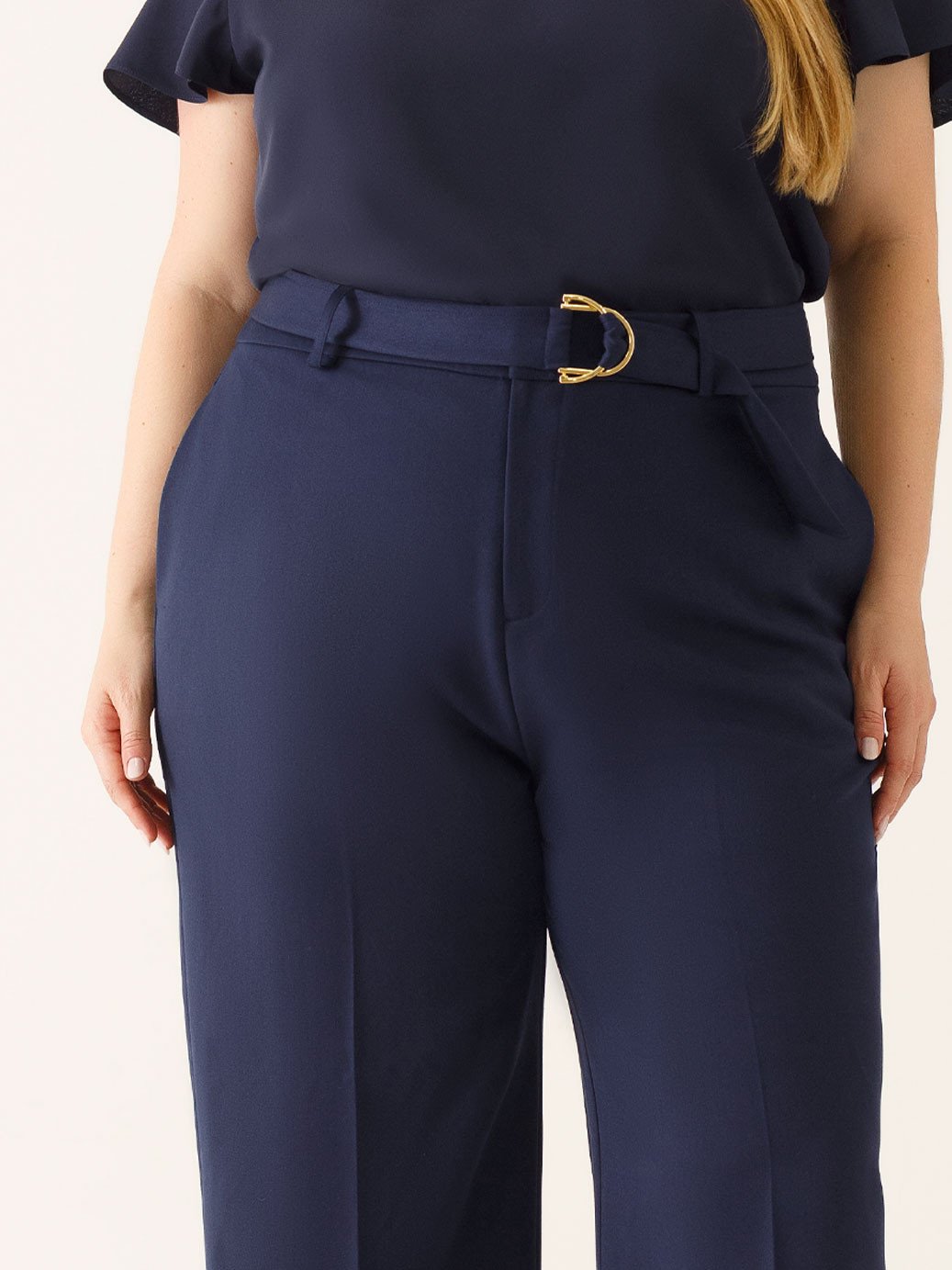 Calça Wide Leg  de Alfaiataria Plus Size Marinho Índigo Cora