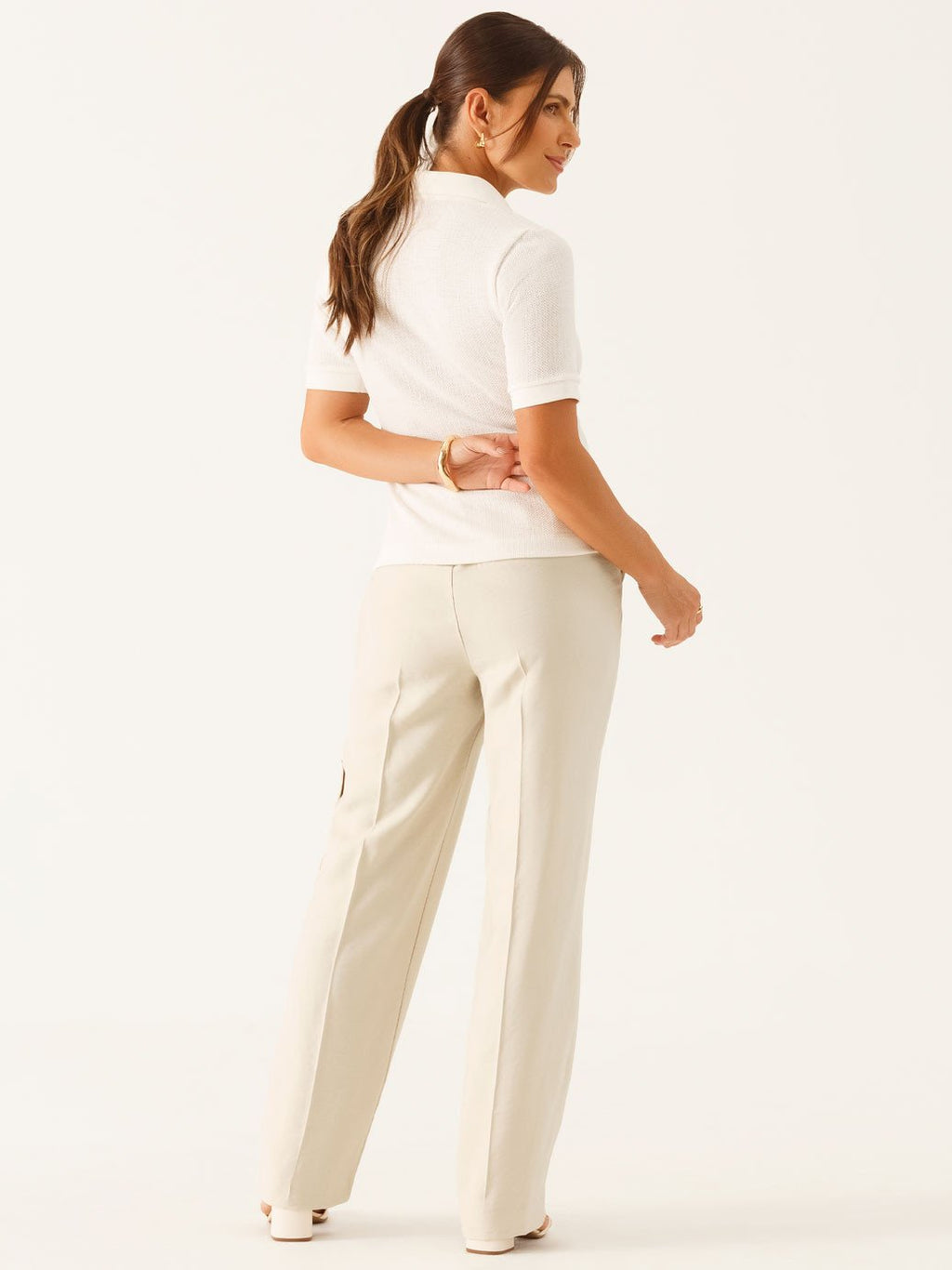 Blusa Polo em Malha Texturizada Off White Talira