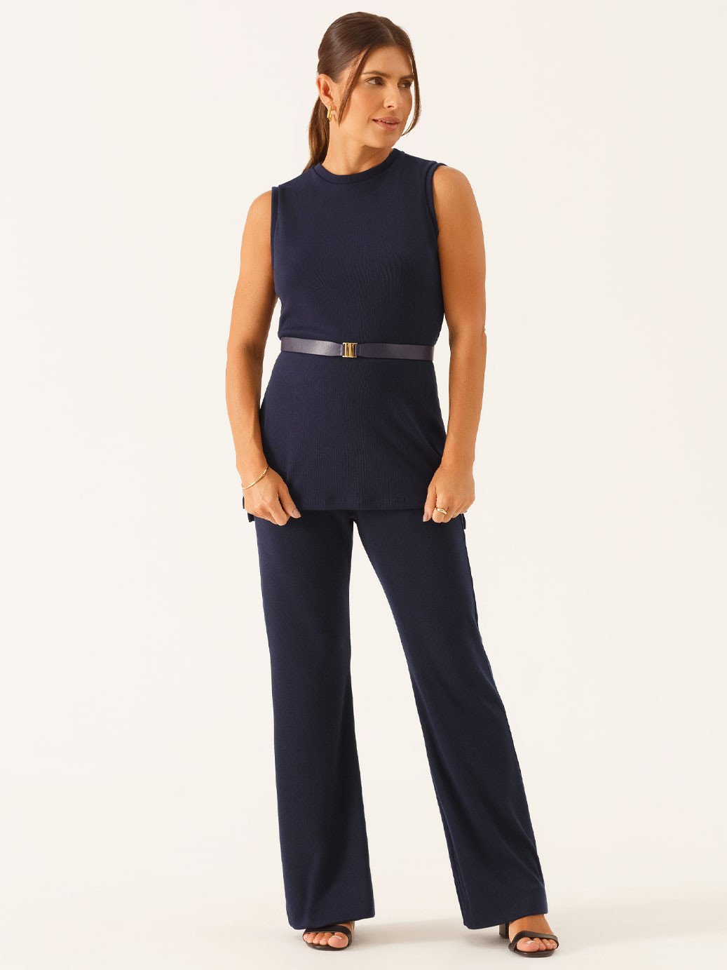Calça Flare de Malha Marinho Vitalina