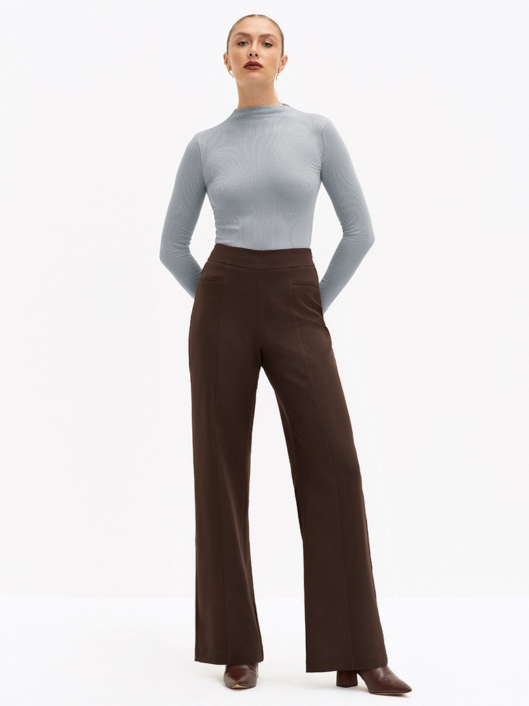 Calça Wide Leg de Alfaiataria Marrom Brienne