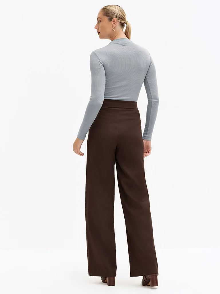 Calça Wide Leg de Alfaiataria Marrom Brienne