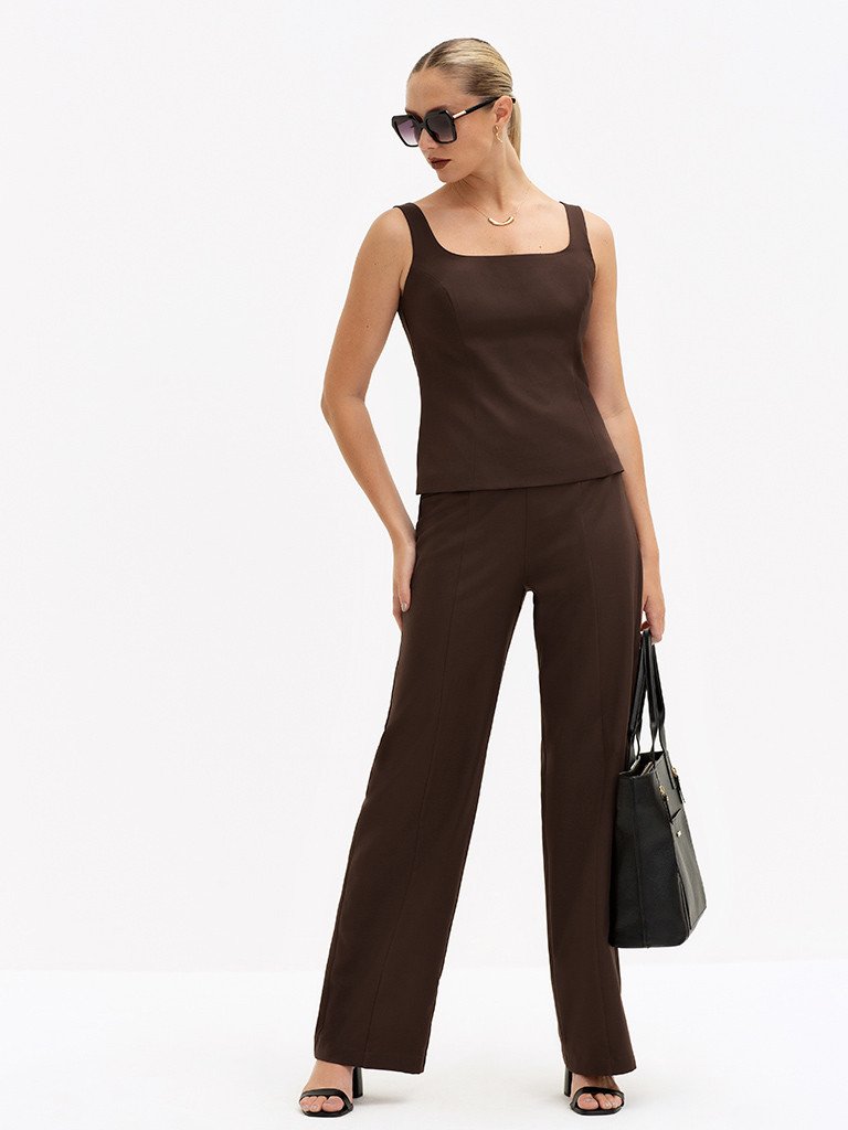 Calça Wide Leg de Alfaiataria Marrom Brienne