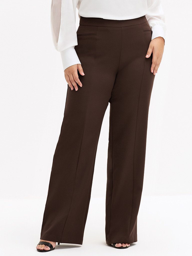Calça Wide Leg de Alfaiataria Plus Size Marrom Cibele