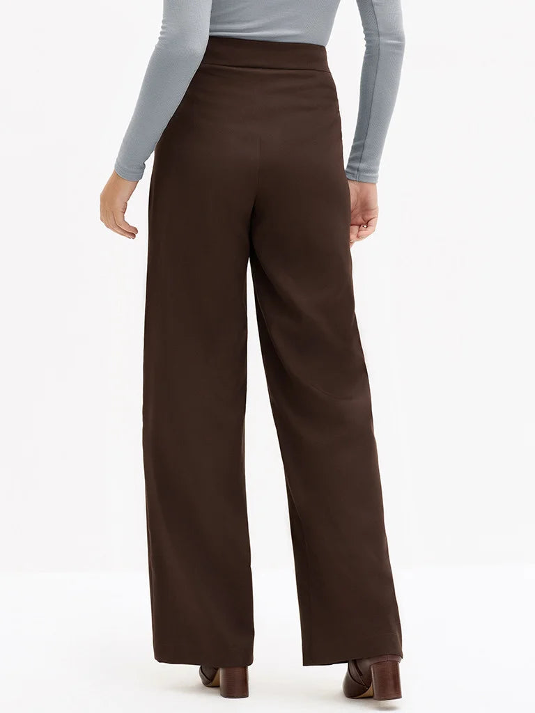 Calça Wide Leg de Alfaiataria Marrom Brienne