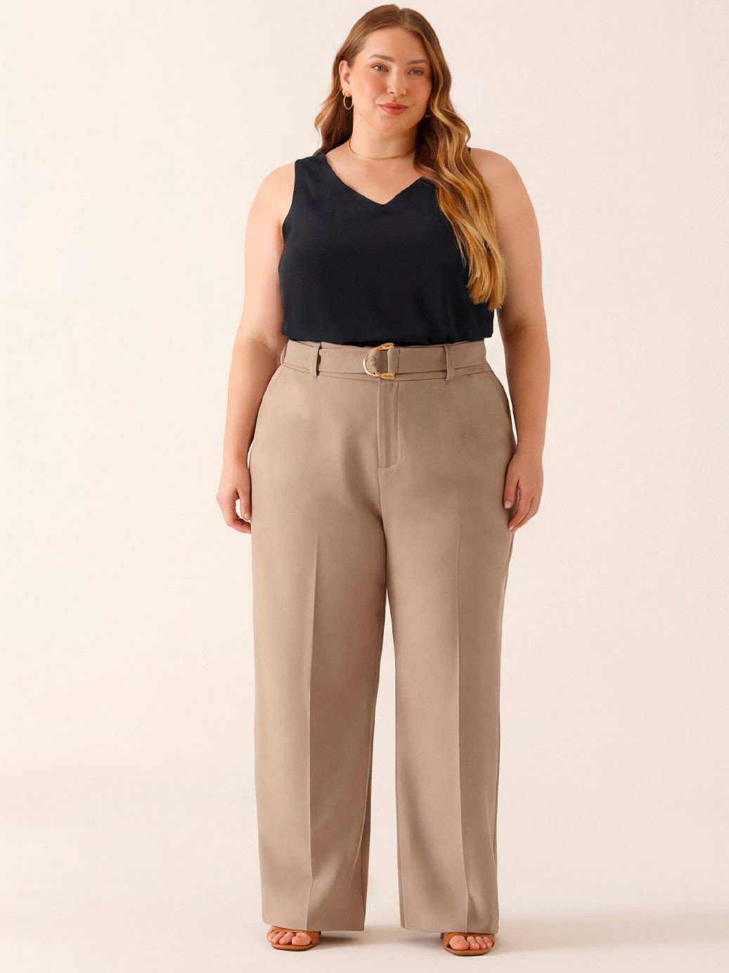 Calça Wide Leg de Alfaiataria Plus Size  Mocha Mousse Lorde