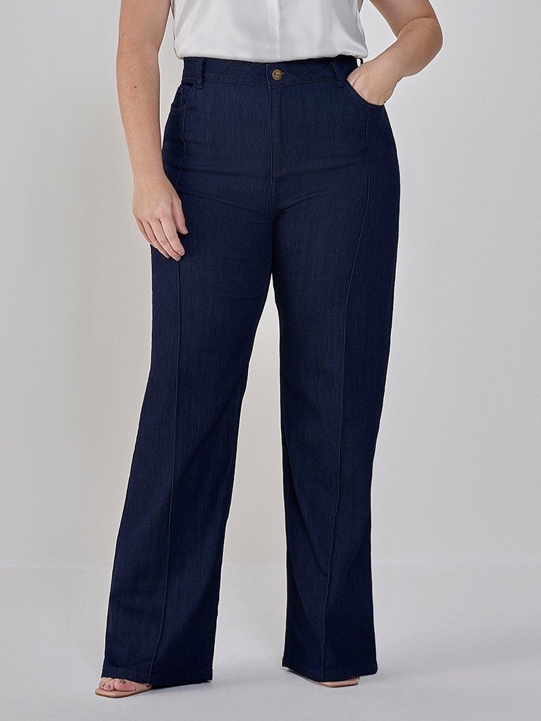 Calça Wide Leg Jeans com Nervura Plus Size Nataly