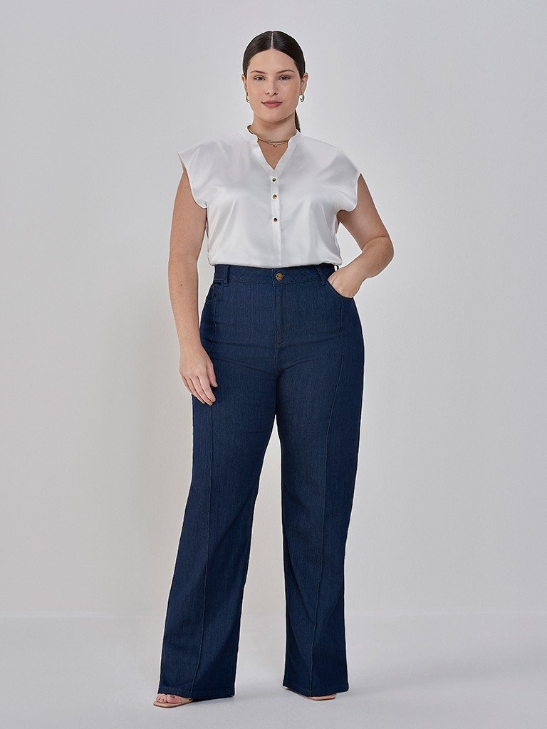 Calça Wide Leg Jeans com Nervura Plus Size Nataly