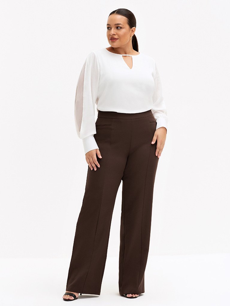 Calça Wide Leg de Alfaiataria Plus Size Marrom Cibele
