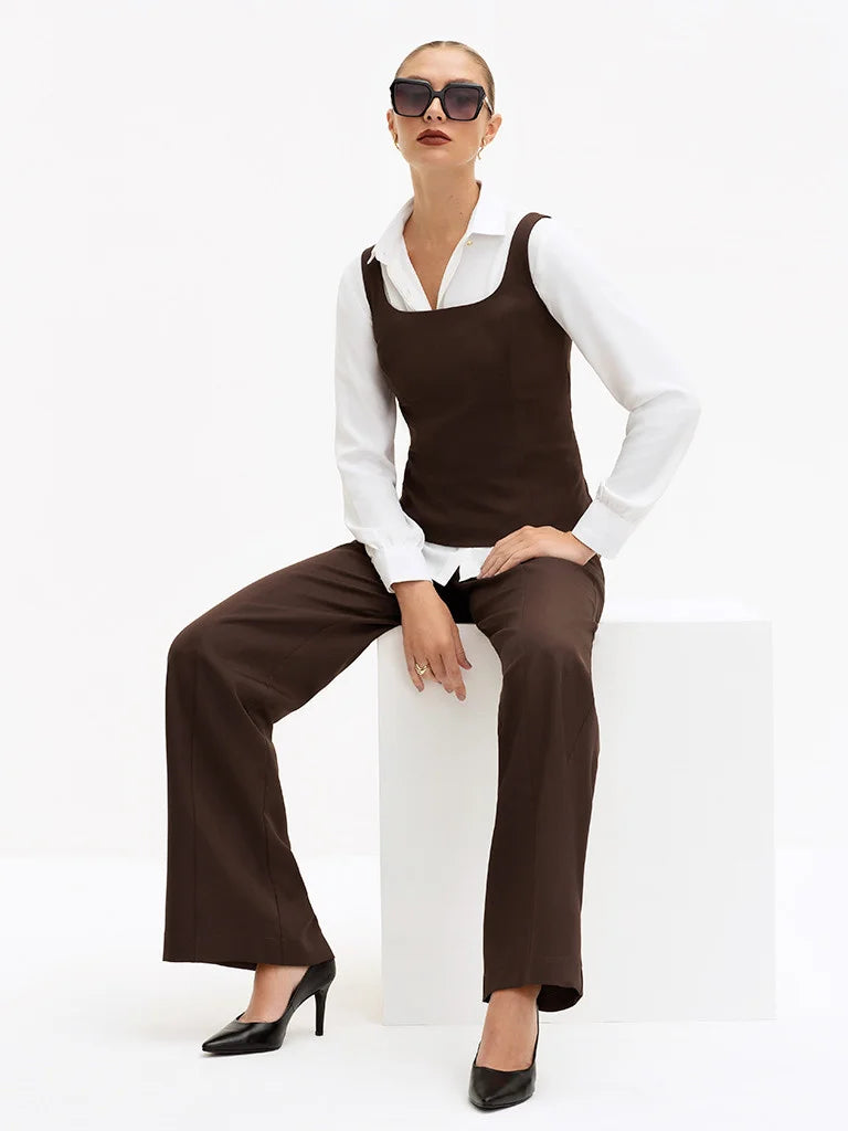 Calça Wide Leg de Alfaiataria Marrom Brienne